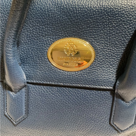 Roberto Cavalli Women’s Double Leather Handle Pebbled Blue Handbag - Picture 2 of 16